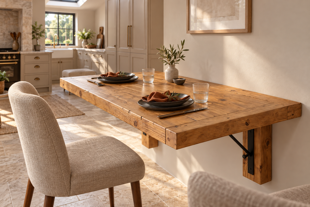ASHCOMBE Rustic Foldable Wall-Mounted Solid Wood Table – Rustic Wood with Foldable Brackets – Space-Saving Desk for Kitchen, Office, or Small Spaces