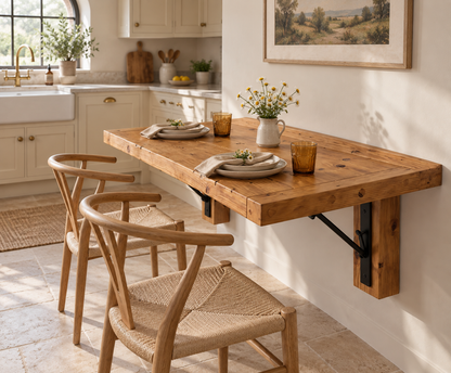 ASHCOMBE Rustic Foldable Wall-Mounted Solid Wood Table – Rustic Wood with Foldable Brackets – Space-Saving Desk for Kitchen, Office, or Small Spaces
