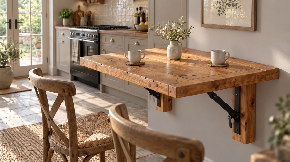 ASHCOMBE Rustic Foldable Wall-Mounted Solid Wood Table – Rustic Wood with Foldable Brackets – Space-Saving Desk for Kitchen, Office, or Small Spaces
