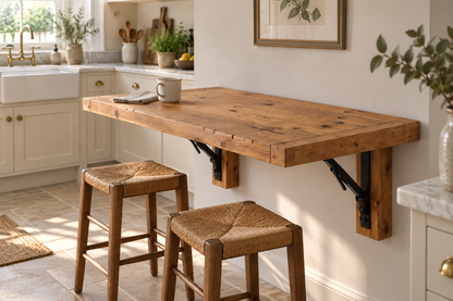 ASHCOMBE Rustic Foldable Wall-Mounted Solid Wood Table – Rustic Wood with Foldable Brackets – Space-Saving Desk for Kitchen, Office, or Small Spaces