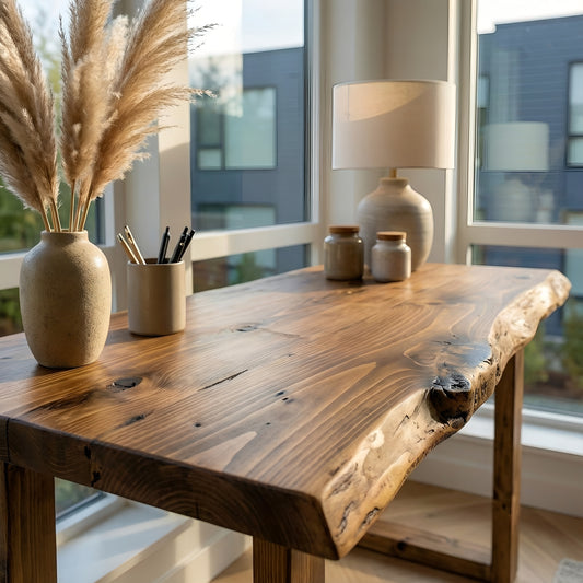 MARLOW Live Edge Solid Wood Study / Office / Computer Desk Table With Wooden Legs