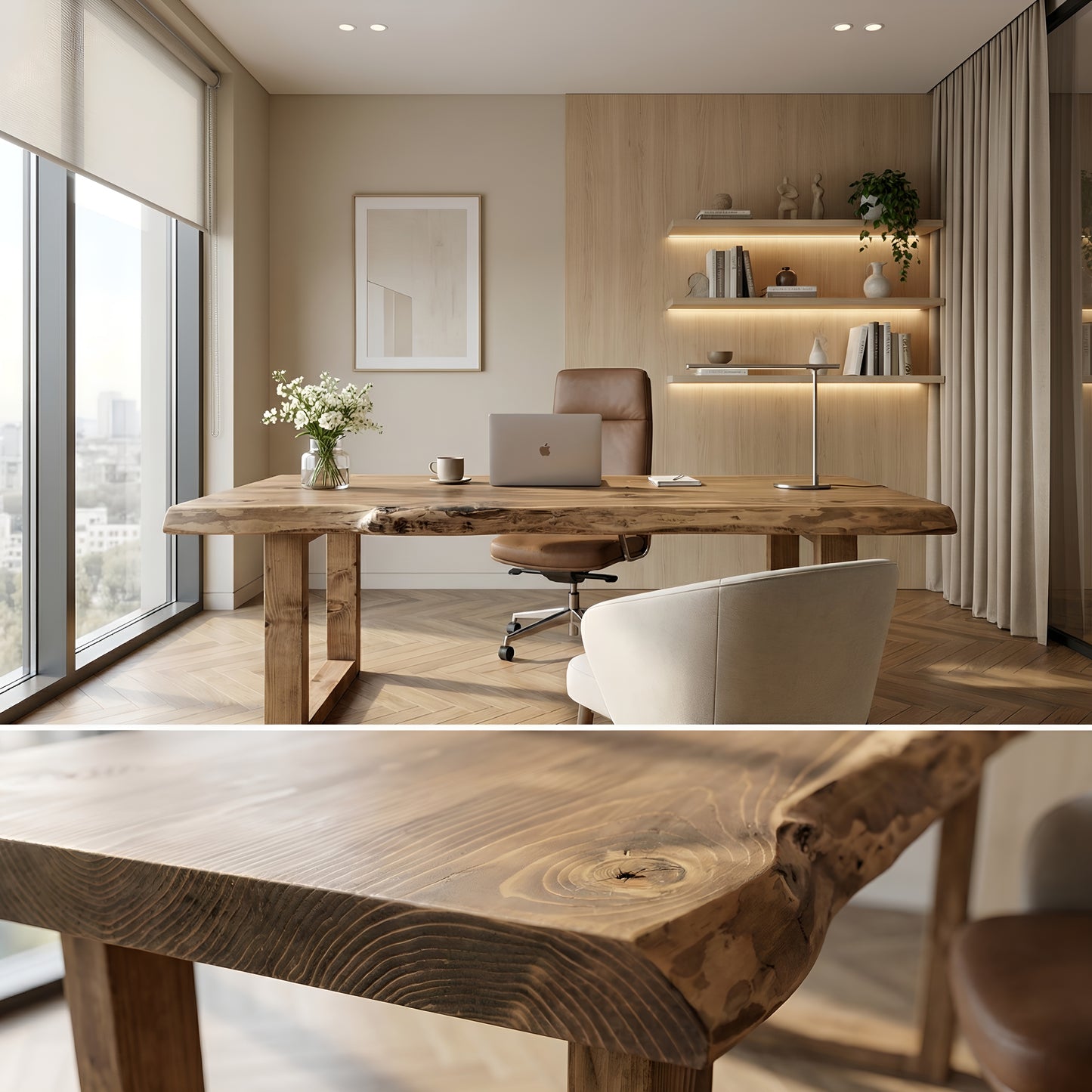 MARLOW Live Edge Solid Wood Study / Office / Computer Desk Table With Wooden Legs