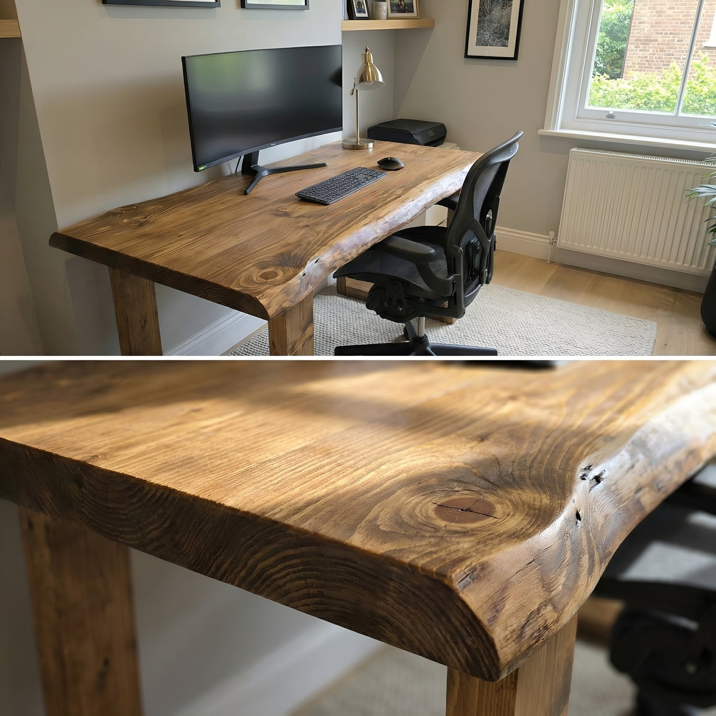 MARLOW Live Edge Solid Wood Study / Office / Computer Desk Table With Wooden Legs