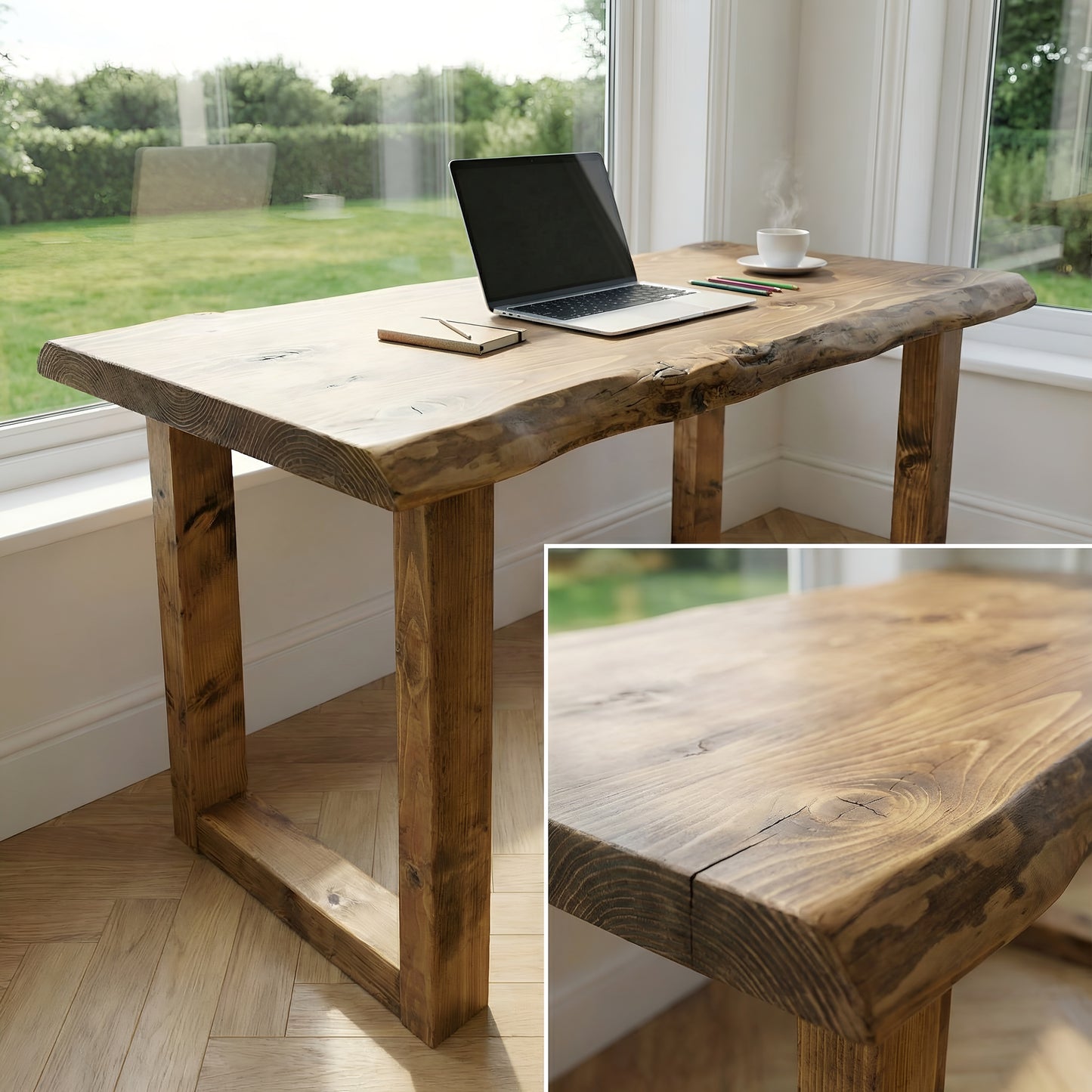 MARLOW Live Edge Solid Wood Study / Office / Computer Desk Table With Wooden Legs