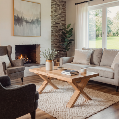 MAYA Solid Wood Cross Leg Farmhouse Coffee Table