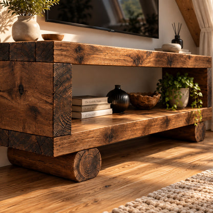 SERAPHINA Walnut Colour Handmade Rustic Solid Wood TV Unit: Timber Media Console