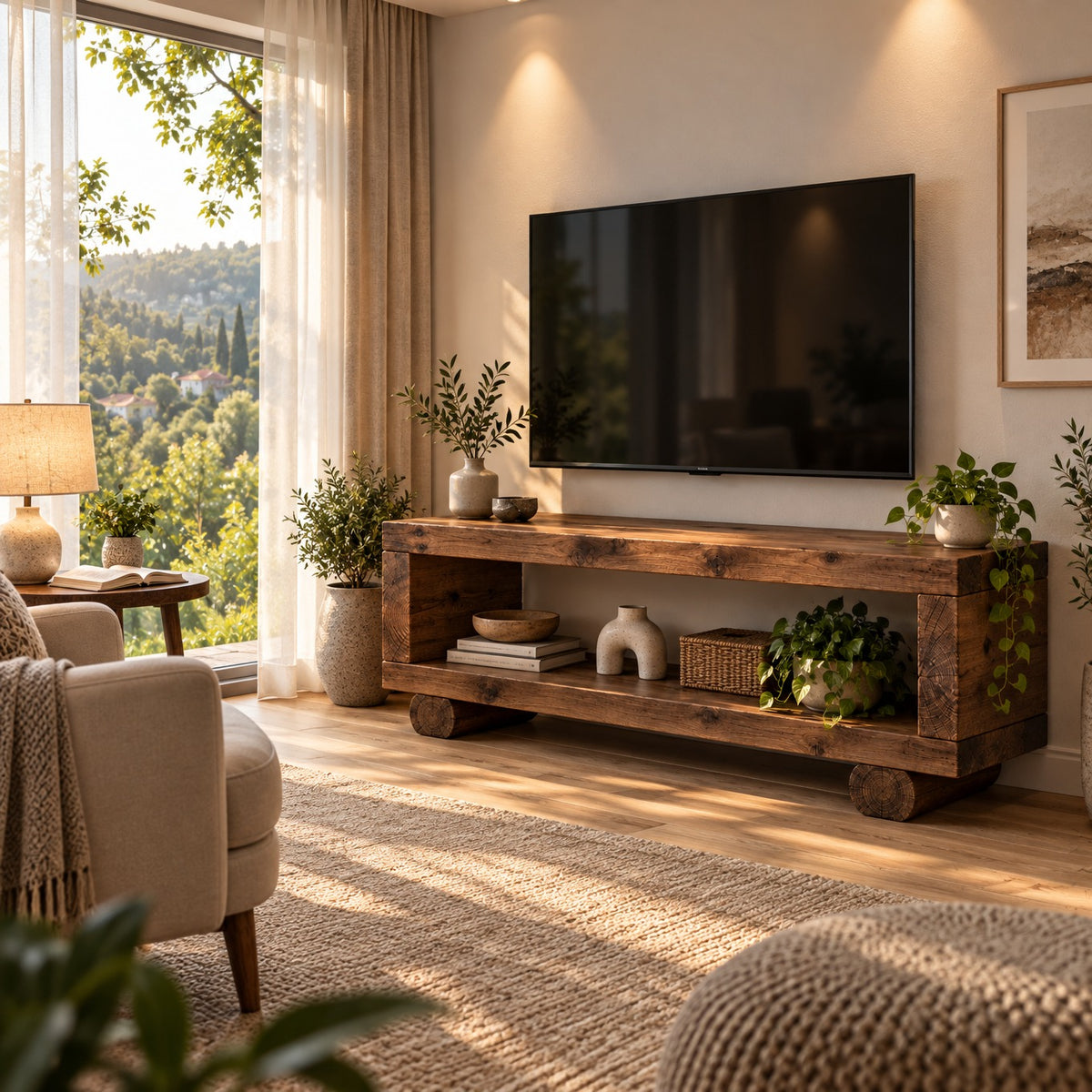 SERAPHINA Walnut Colour Handmade Rustic Solid Wood TV Unit: Timber Media Console