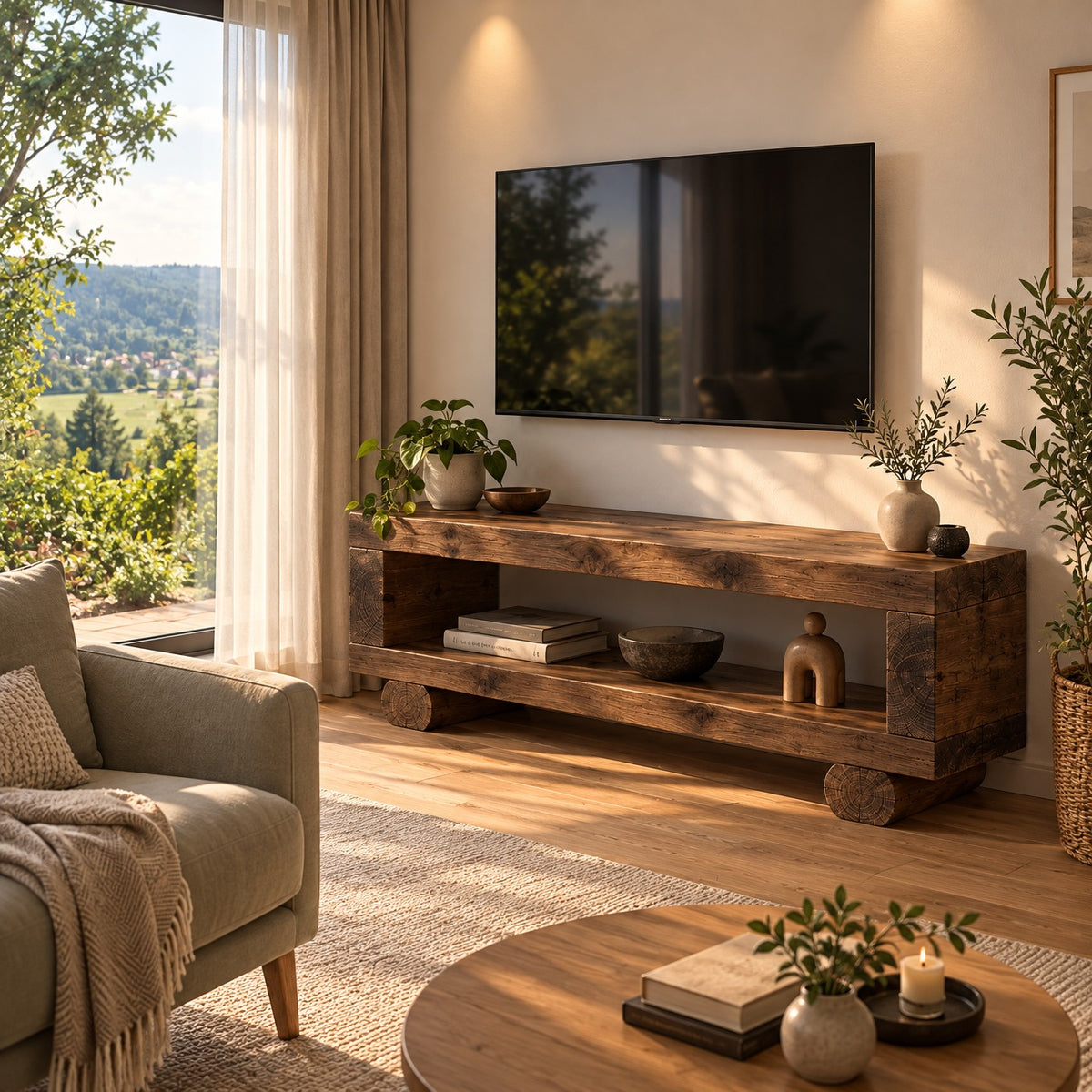 SERAPHINA Walnut Colour Handmade Rustic Solid Wood TV Unit: Timber Media Console