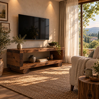 SERAPHINA Walnut Colour Handmade Rustic Solid Wood TV Unit: Timber Media Console