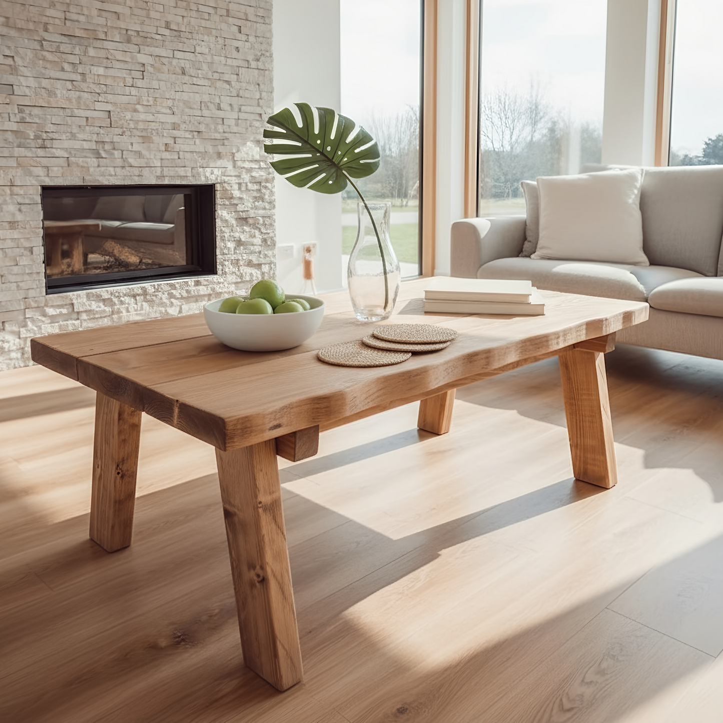 MENNA Rustic Edge Chunky Coffee Table Solid Rustic Wood Wavy Edge