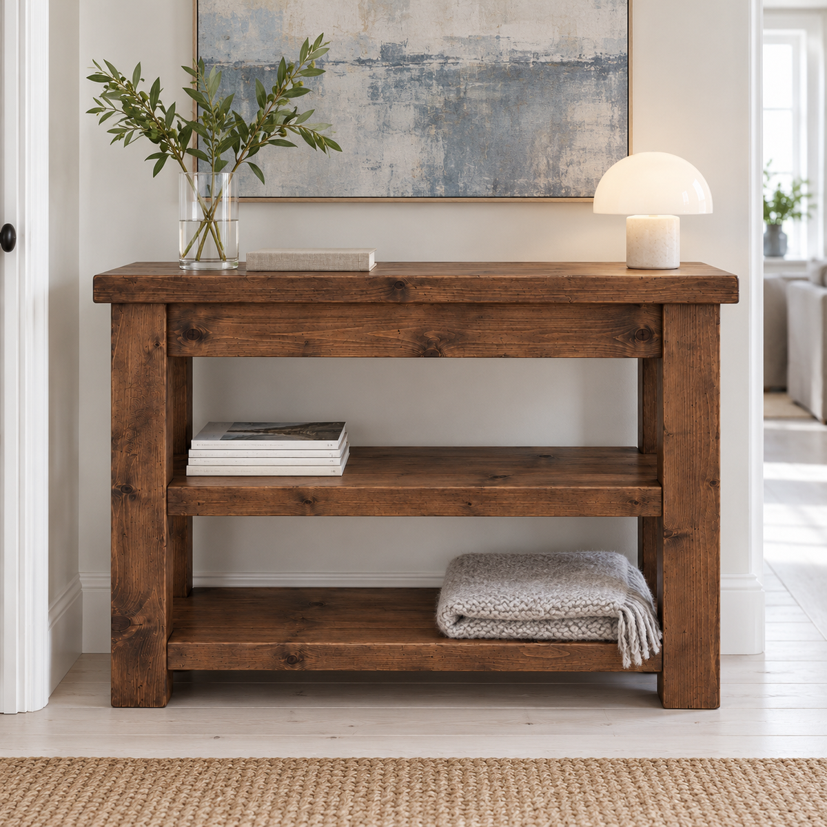 Mira Walnut Colour Solid Wood Console Table With Shelf