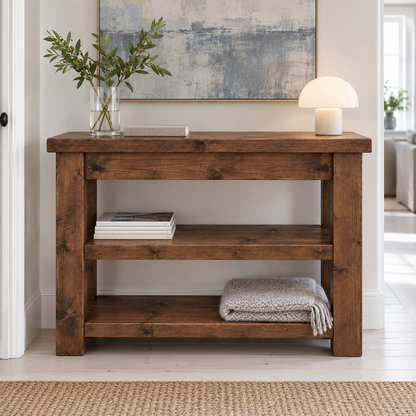 Mira Walnut Colour Solid Wood Console Table With Shelf