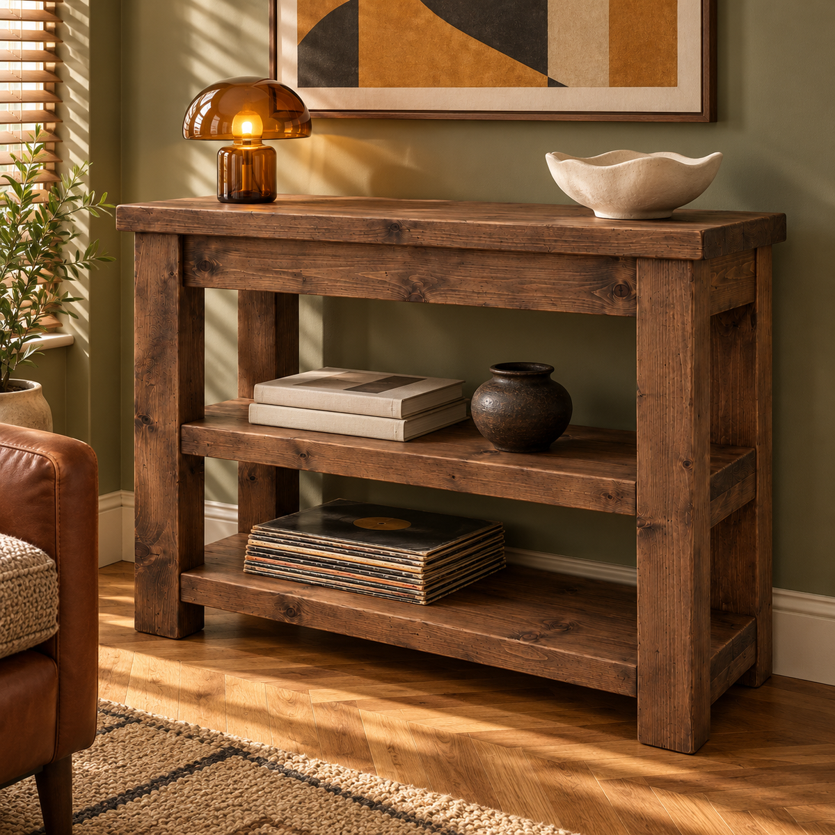 Mira Walnut Colour Solid Wood Console Table With Shelf