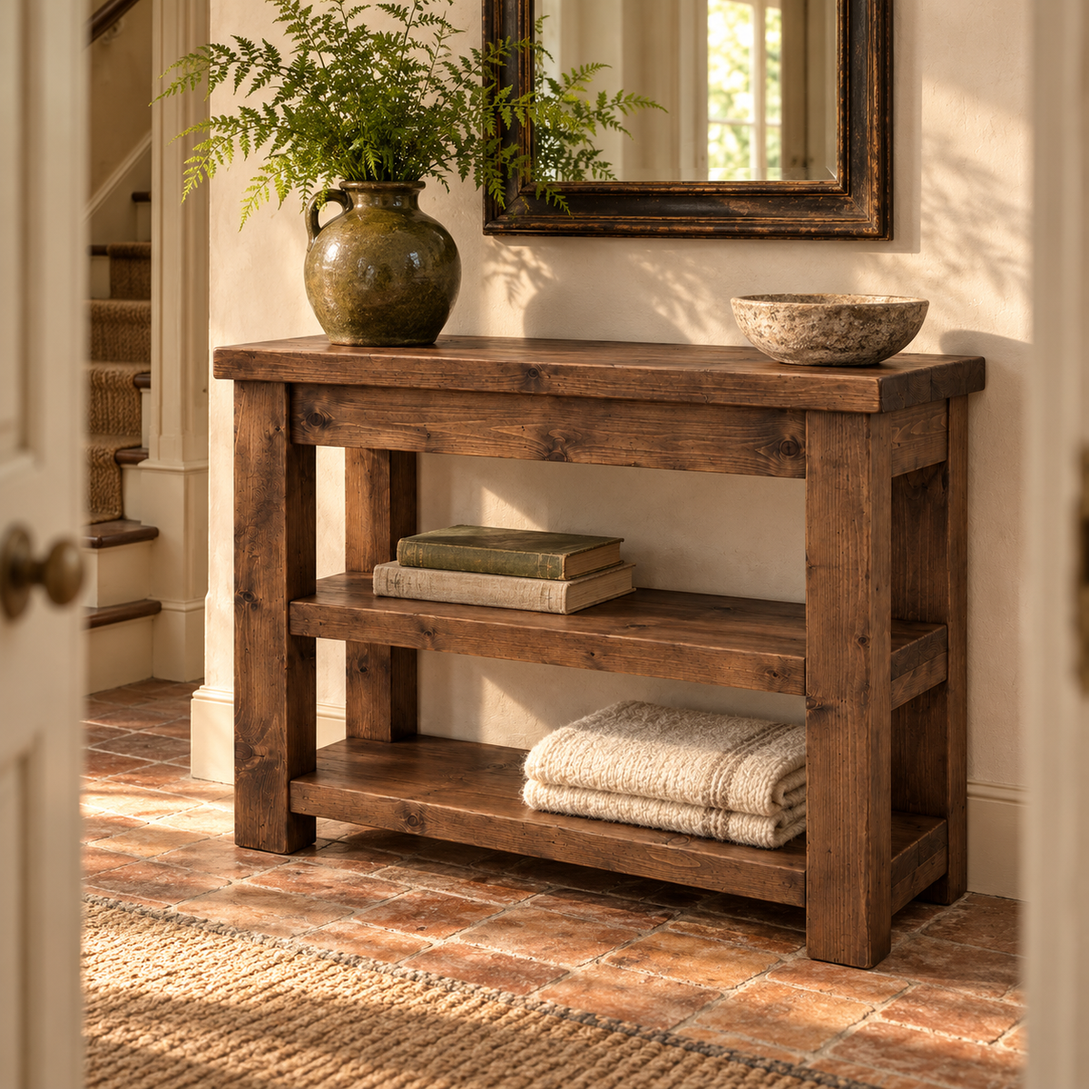 Mira Walnut Colour Solid Wood Console Table With Shelf