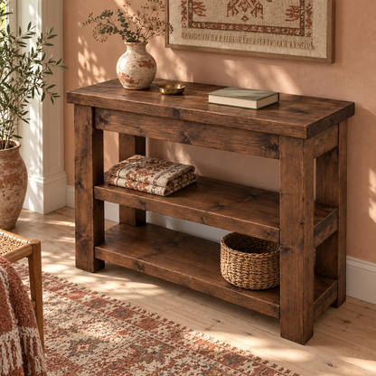 Mira Walnut Colour Solid Wood Console Table With Shelf