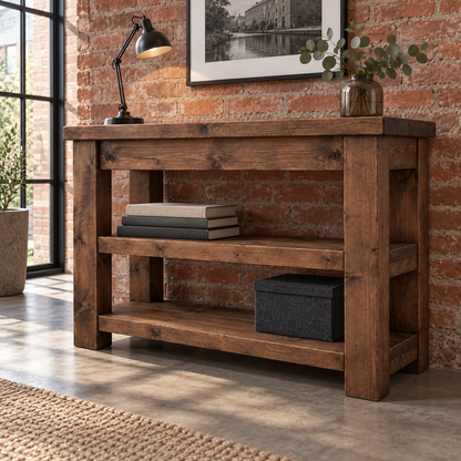 Mira Walnut Colour Solid Wood Console Table With Shelf
