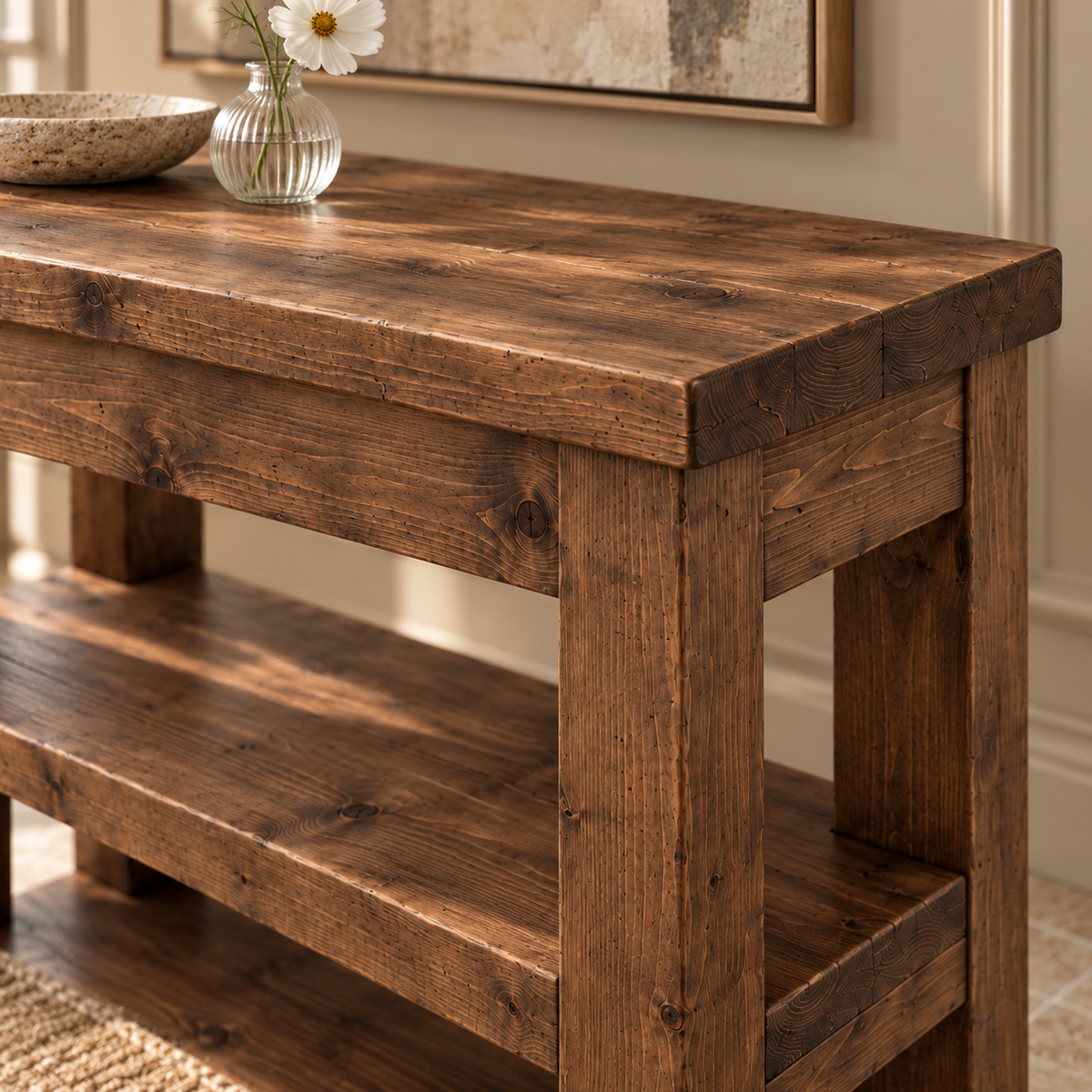 Mira Walnut Colour Solid Wood Console Table With Shelf