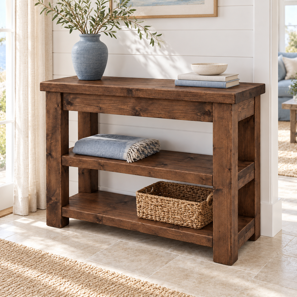 Mira Walnut Colour Solid Wood Console Table With Shelf