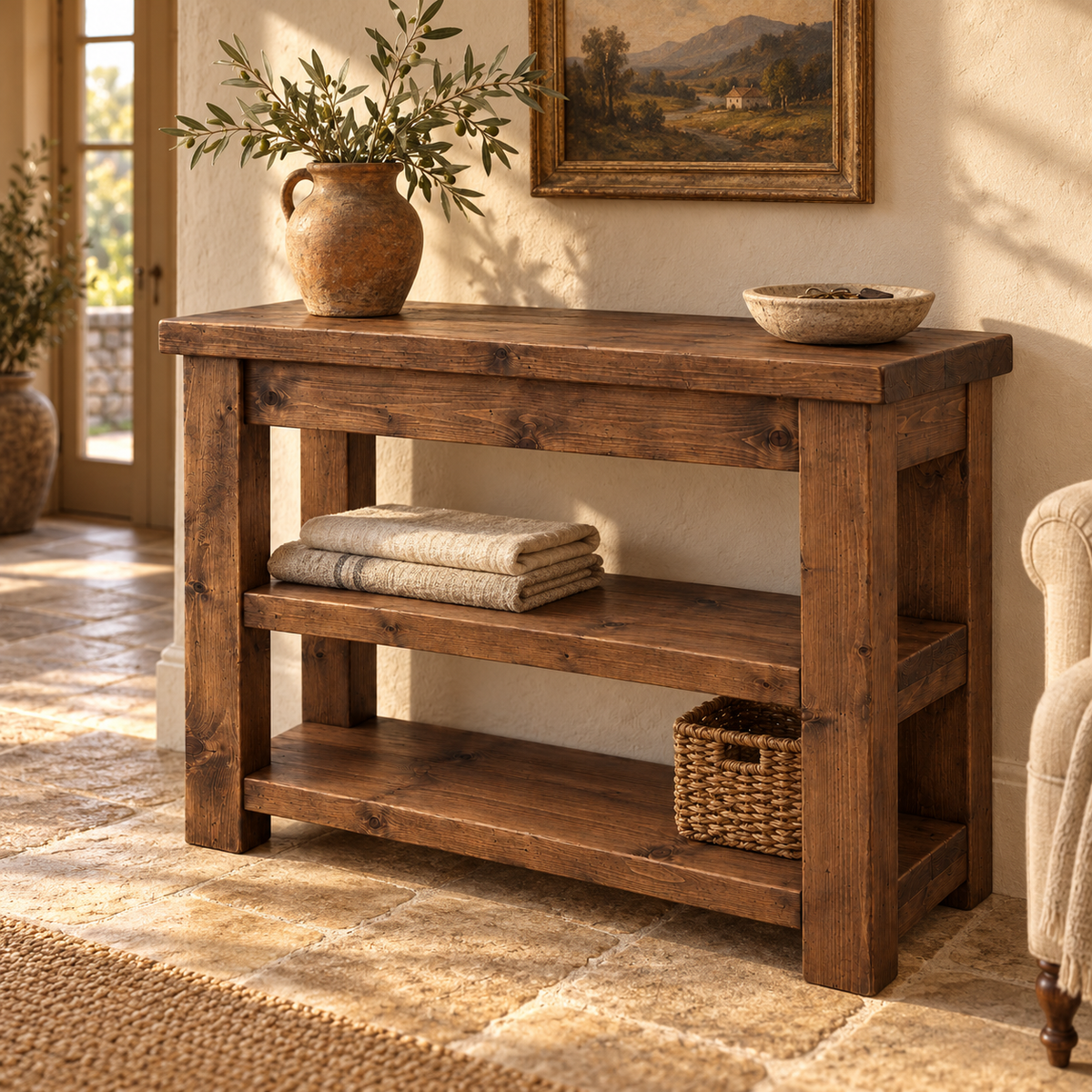 Mira Walnut Colour Solid Wood Console Table With Shelf