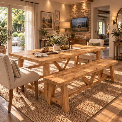 MONTFORD Light Oak Colour Solid Wood Dining Table With Wooden Legs and Optional Benches