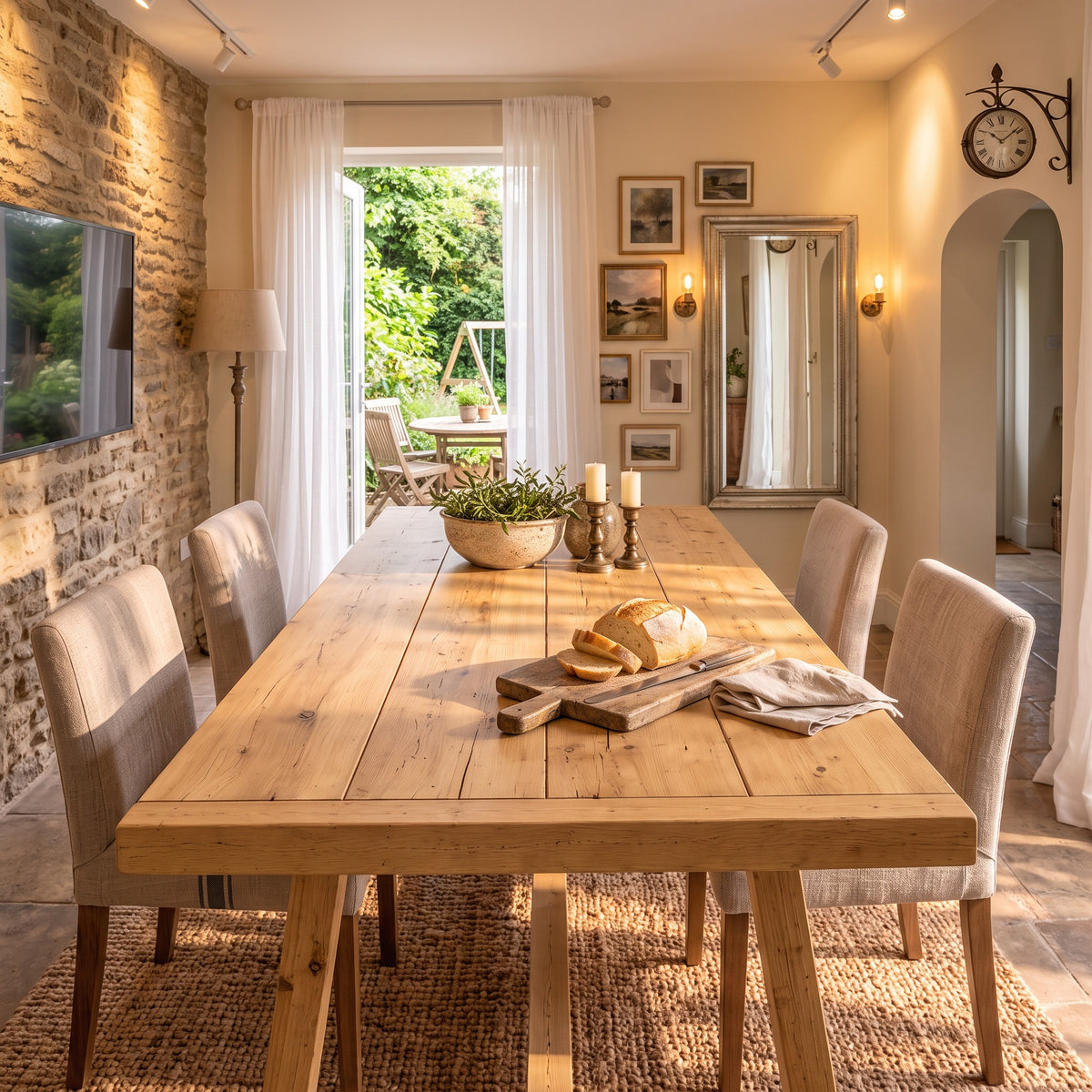 MONTFORD Light Oak Colour Solid Wood Dining Table With Wooden Legs and Optional Benches