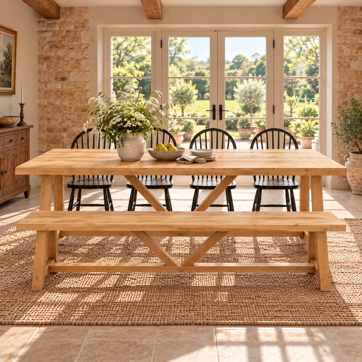 MONTFORD Light Oak Colour Solid Wood Dining Table With Wooden Legs and Optional Benches
