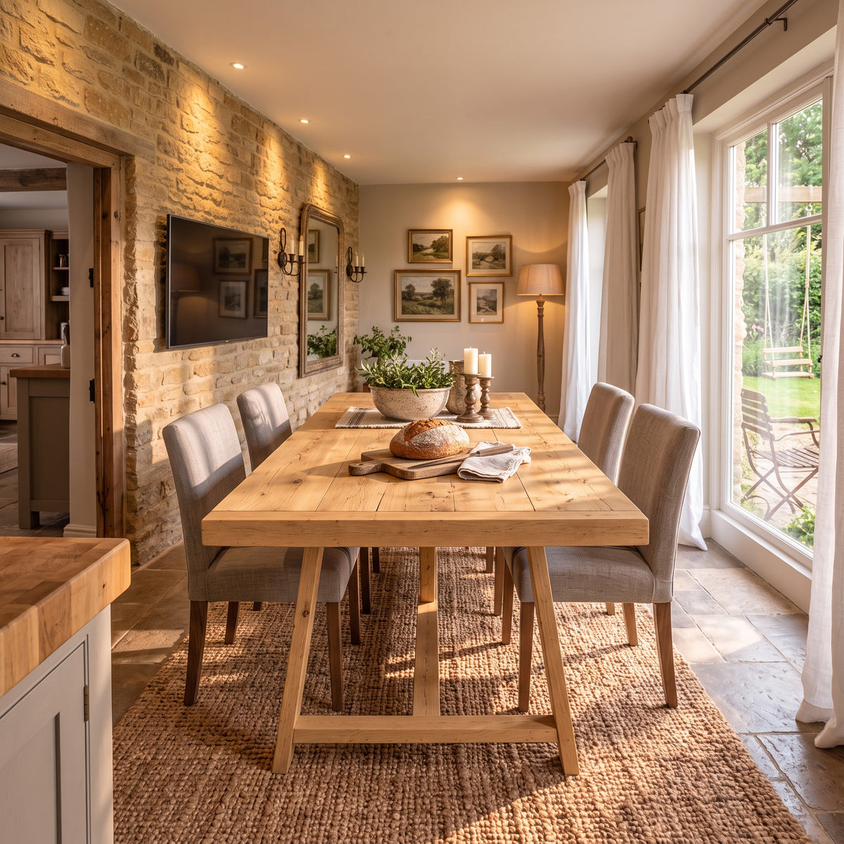 MONTFORD Light Oak Colour Solid Wood Dining Table With Wooden Legs and Optional Benches