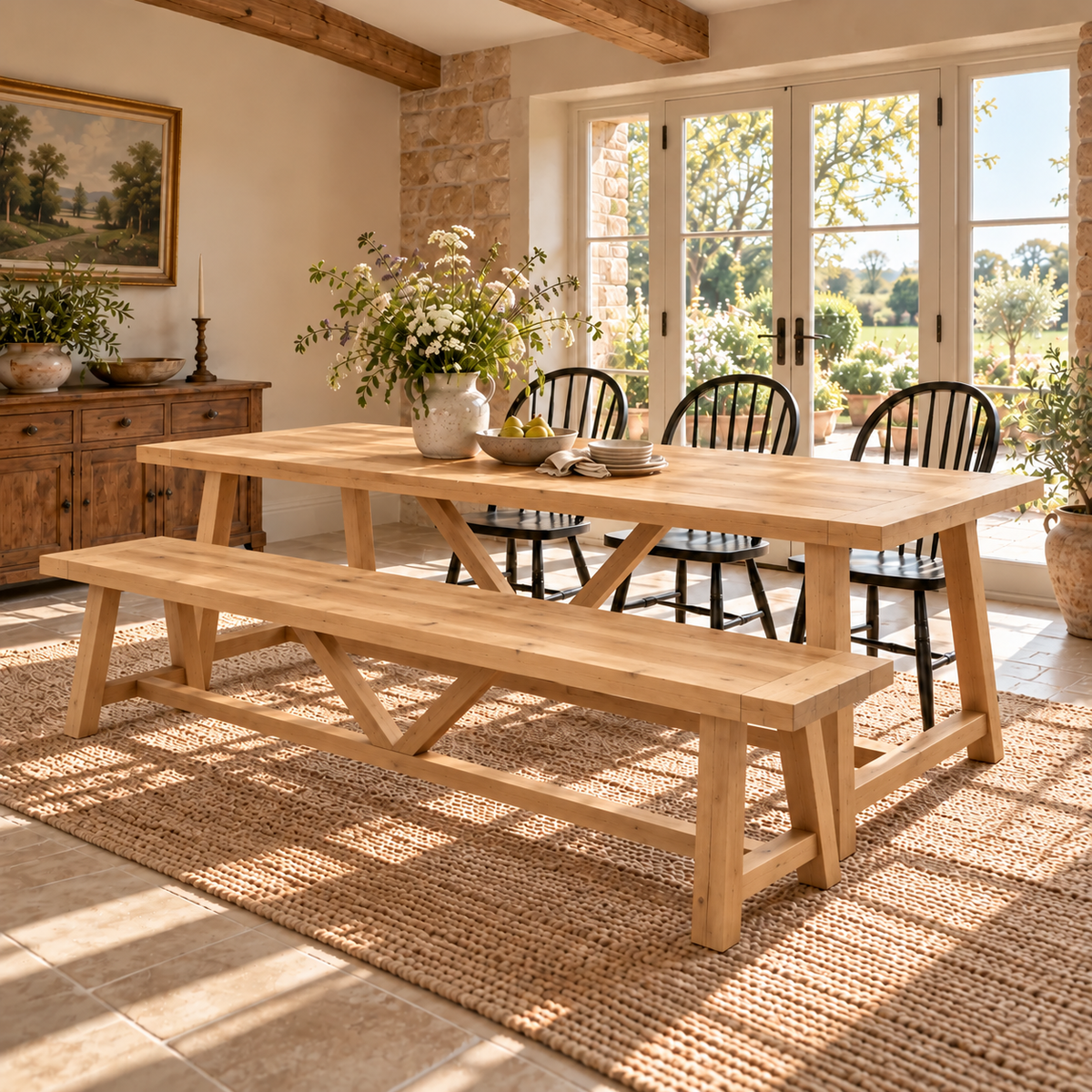 MONTFORD Light Oak Colour Solid Wood Dining Table With Wooden Legs and Optional Benches