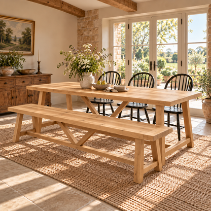 MONTFORD Light Oak Colour Solid Wood Dining Table With Wooden Legs and Optional Benches