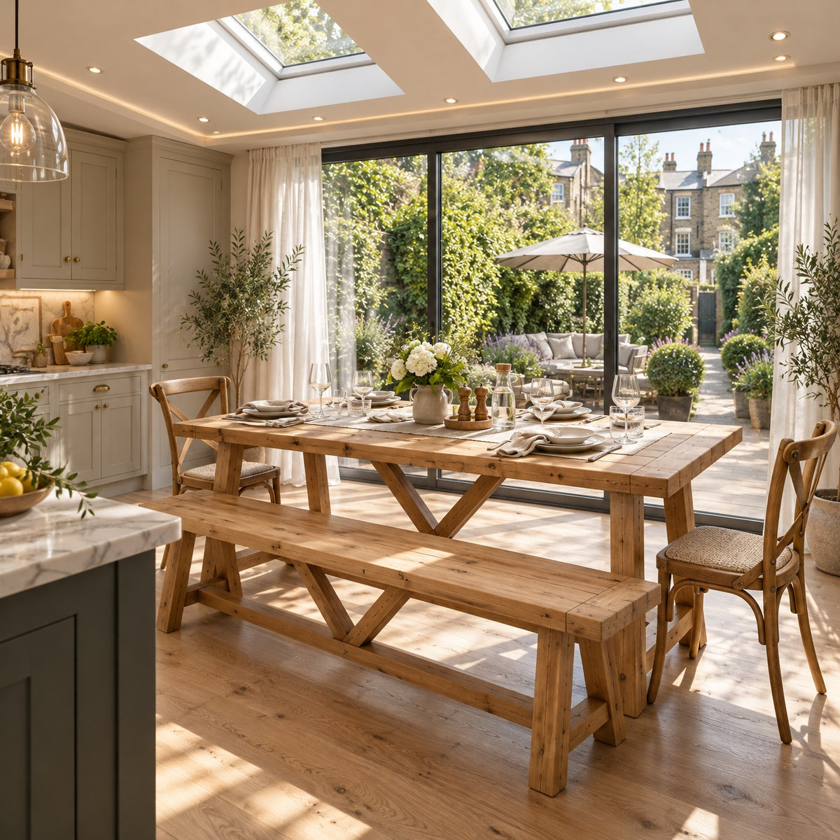 MONTFORD Light Oak Colour Solid Wood Dining Table With Wooden Legs and Optional Benches
