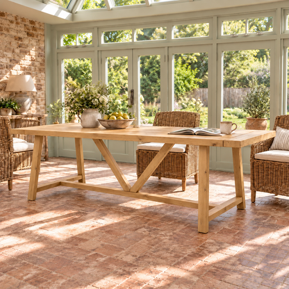 MONTFORD Light Oak Colour Solid Wood Dining Table With Wooden Legs and Optional Benches