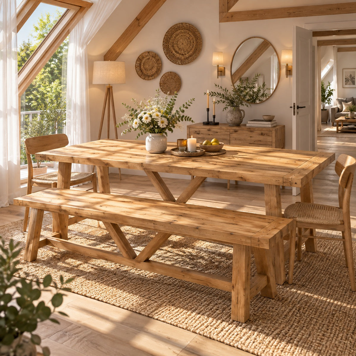 MONTFORD Light Oak Colour Solid Wood Dining Table With Wooden Legs and Optional Benches