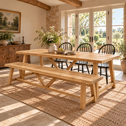MONTFORD Light Oak Colour Solid Wood Dining Table With Wooden Legs and Optional Benches