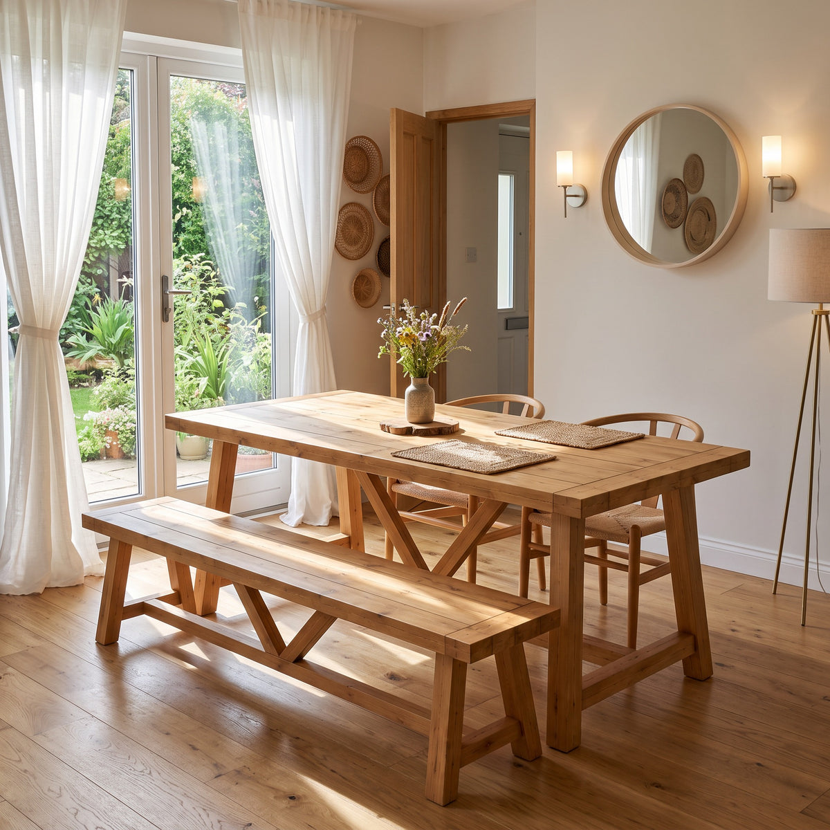 MONTFORD Light Oak Colour Solid Wood Dining Table With Wooden Legs and Optional Benches