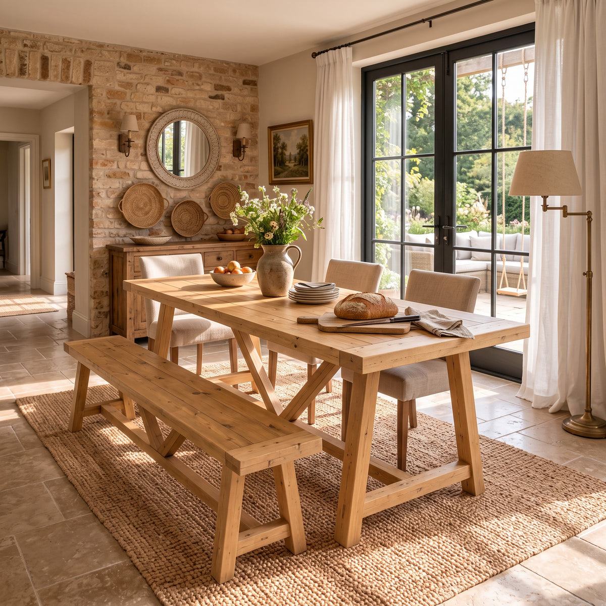 MONTFORD Light Oak Colour Solid Wood Dining Table With Wooden Legs and Optional Benches