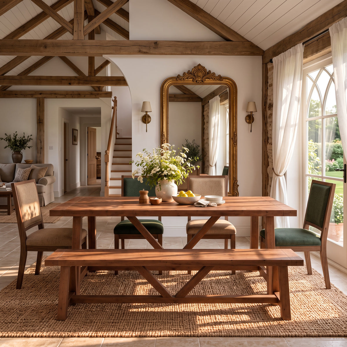 MONTFORD Walnut Colour Solid Wood Dining Table With Wooden Legs and Optional Benches
