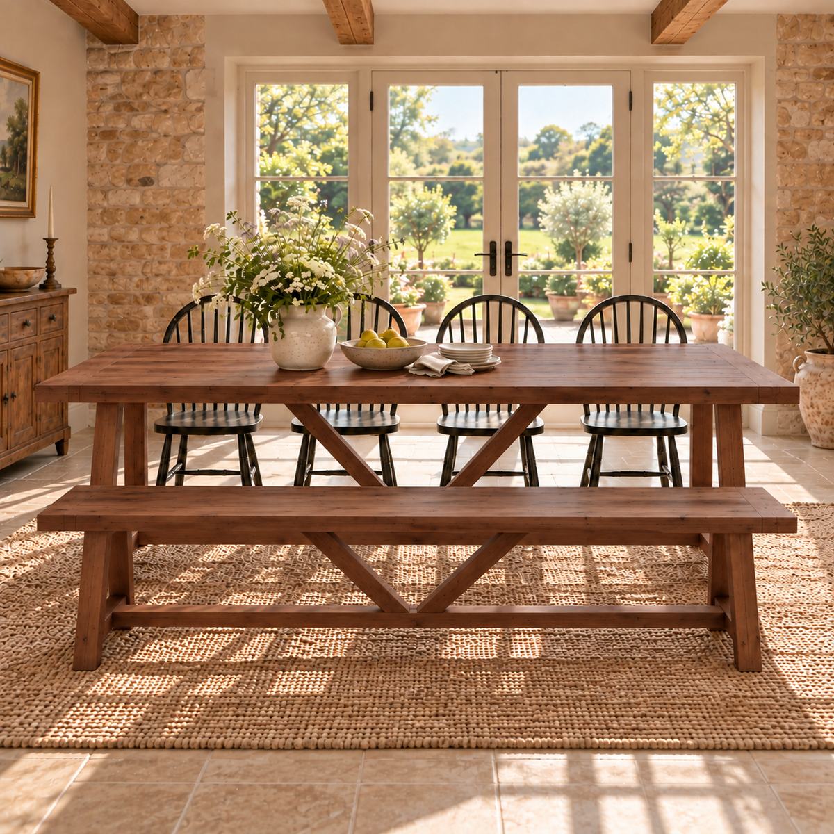 MONTFORD Walnut Colour Solid Wood Dining Table With Wooden Legs and Optional Benches