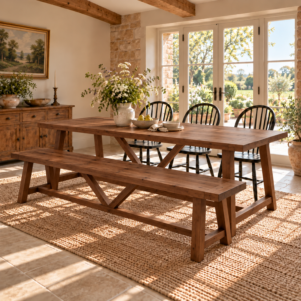 MONTFORD Walnut Colour Solid Wood Dining Table With Wooden Legs and Optional Benches