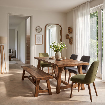 MONTFORD Walnut Colour Solid Wood Dining Table With Wooden Legs and Optional Benches