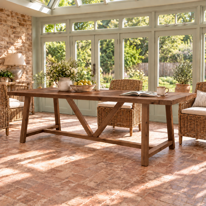 MONTFORD Walnut Colour Solid Wood Dining Table With Wooden Legs and Optional Benches
