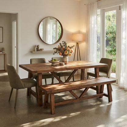 MONTFORD Walnut Colour Solid Wood Dining Table With Wooden Legs and Optional Benches