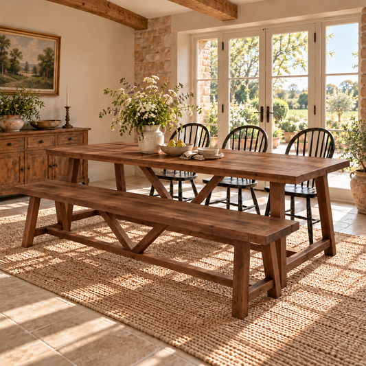 MONTFORD Walnut Colour Solid Wood Dining Table With Wooden Legs and Optional Benches