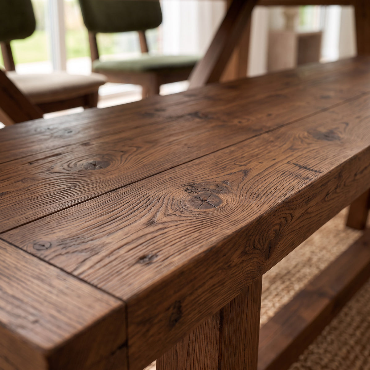 MONTFORD Walnut Colour Solid Wood Dining Table With Wooden Legs and Optional Benches
