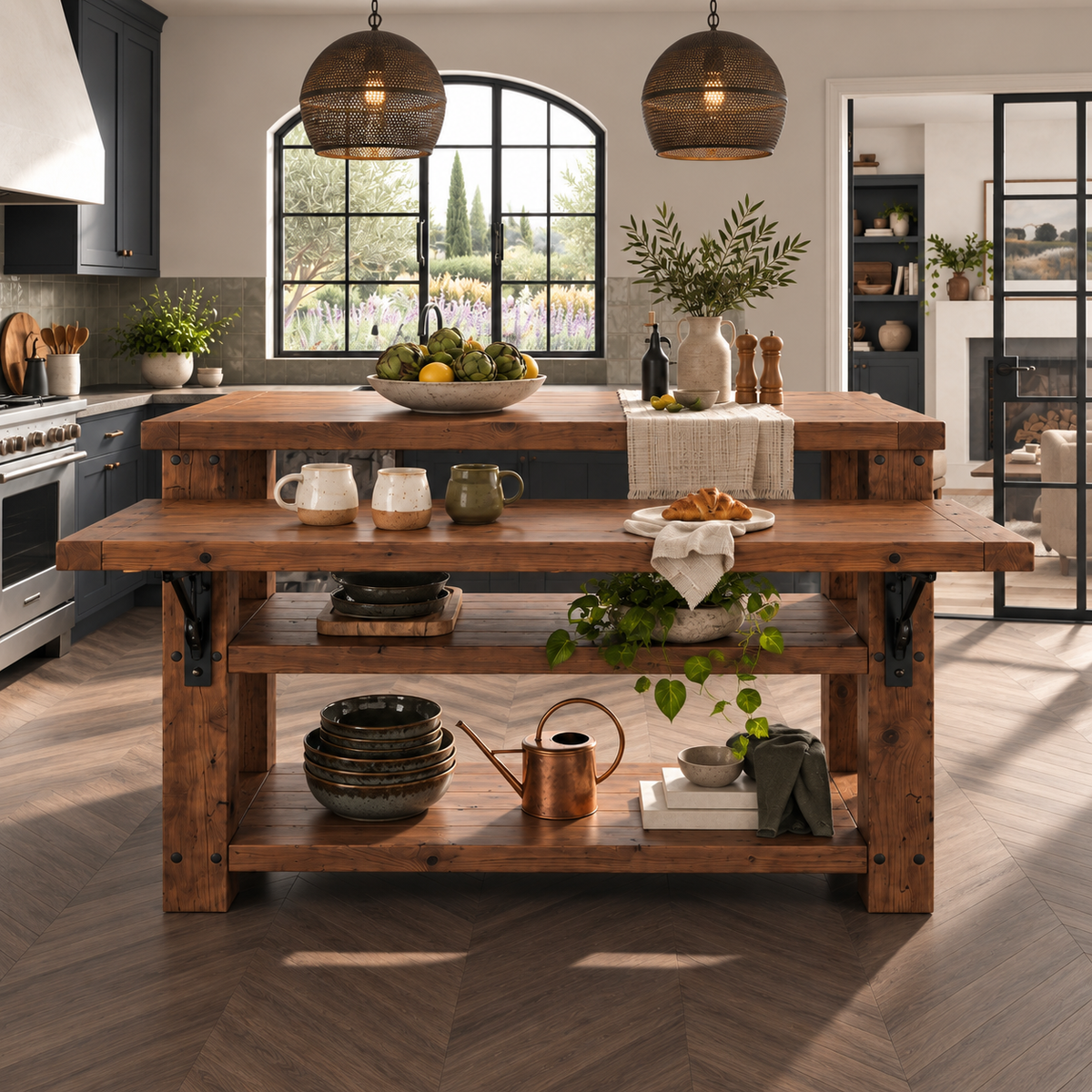 MONTROSE Walnut Colour Kitchen Island With Foldable Table / Extandable Breakfast Bar / Rustic Island