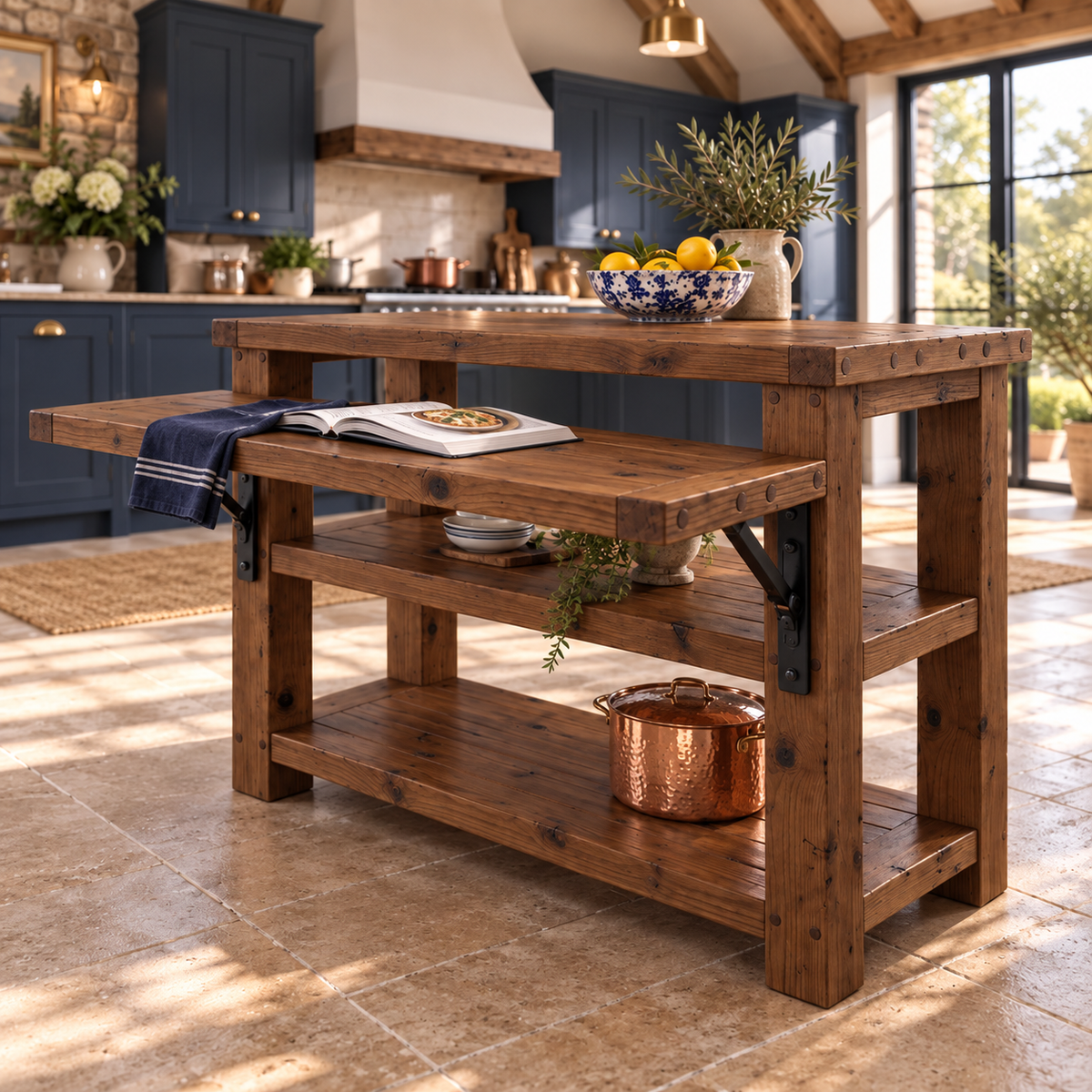 MONTROSE Walnut Colour Kitchen Island With Foldable Table / Extandable Breakfast Bar / Rustic Island