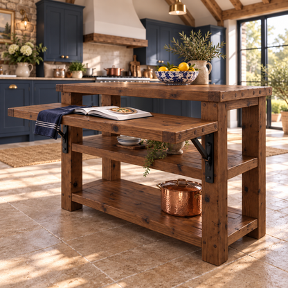 MONTROSE Walnut Colour Kitchen Island With Foldable Table / Extandable Breakfast Bar / Rustic Island