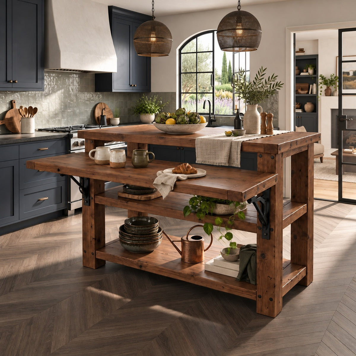 MONTROSE Walnut Colour Kitchen Island With Foldable Table / Extandable Breakfast Bar / Rustic Island