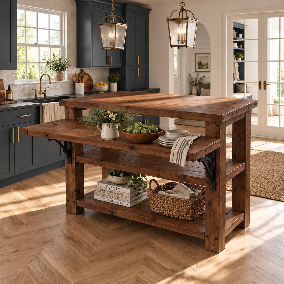 MONTROSE Walnut Colour Kitchen Island With Foldable Table / Extandable Breakfast Bar / Rustic Island