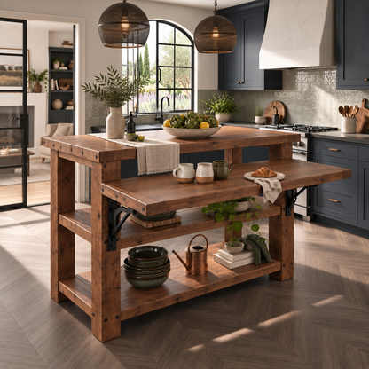 MONTROSE Walnut Colour Kitchen Island With Foldable Table / Extandable Breakfast Bar / Rustic Island