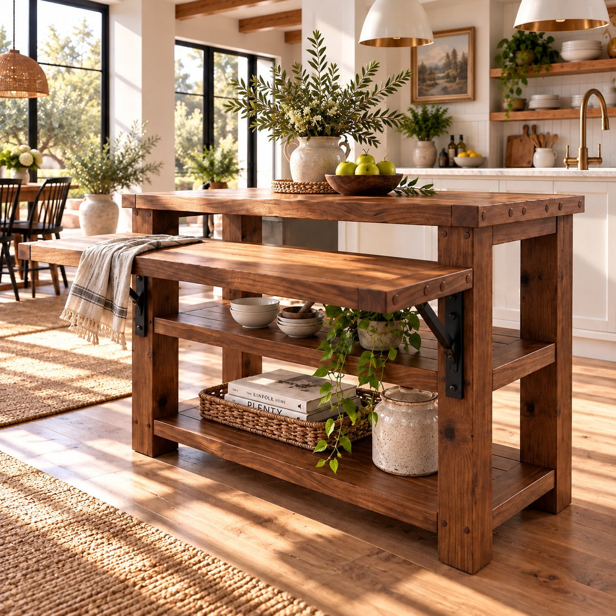 MONTROSE Walnut Colour Kitchen Island With Foldable Table / Extandable Breakfast Bar / Rustic Island